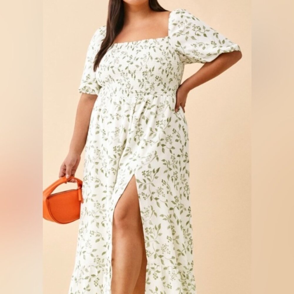 Reformation White Floral Midi Dress with Green Leaf Print